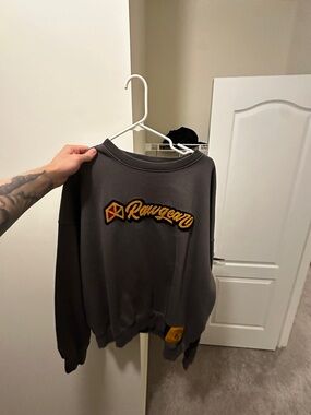 Charcoal Gray Crewneck Sweater with Yellow Script Patch